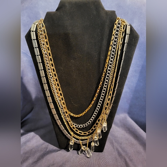 BANANA REPUBLIC Multi Chain Necklace Gold and Silver Tones with Beads - Picture 2 of 4